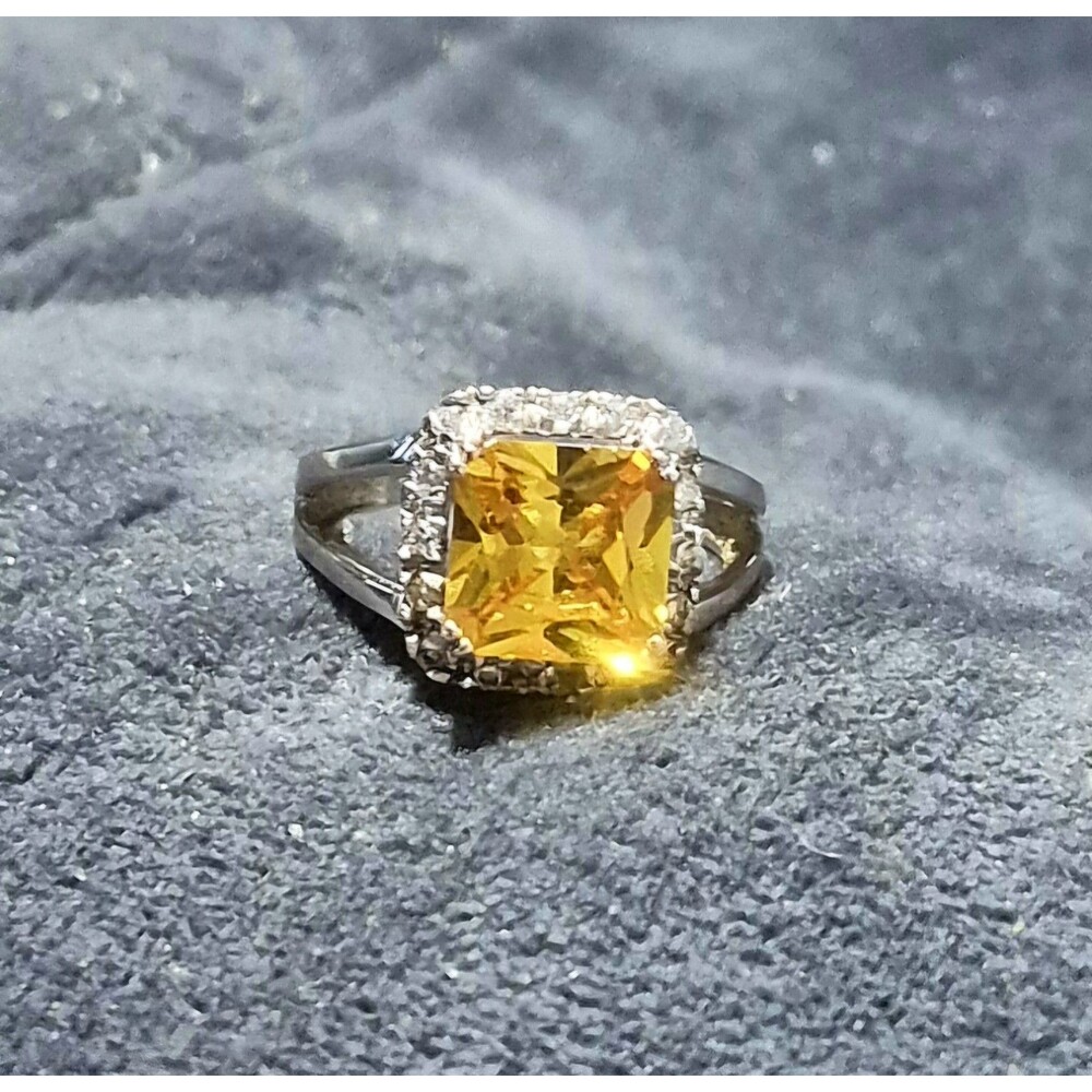 925 Sterling Silver Canary Yellow Cushion Cut Clear Crystal Halo Sz 7.5